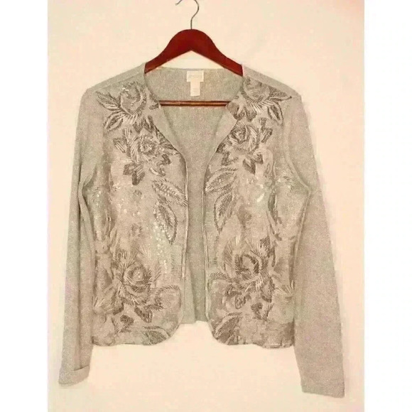 Chico's Gray Metalic Beaded Sequin Long Sleeve Woman's Cartigan US Size 10 - Picture 1 of 16